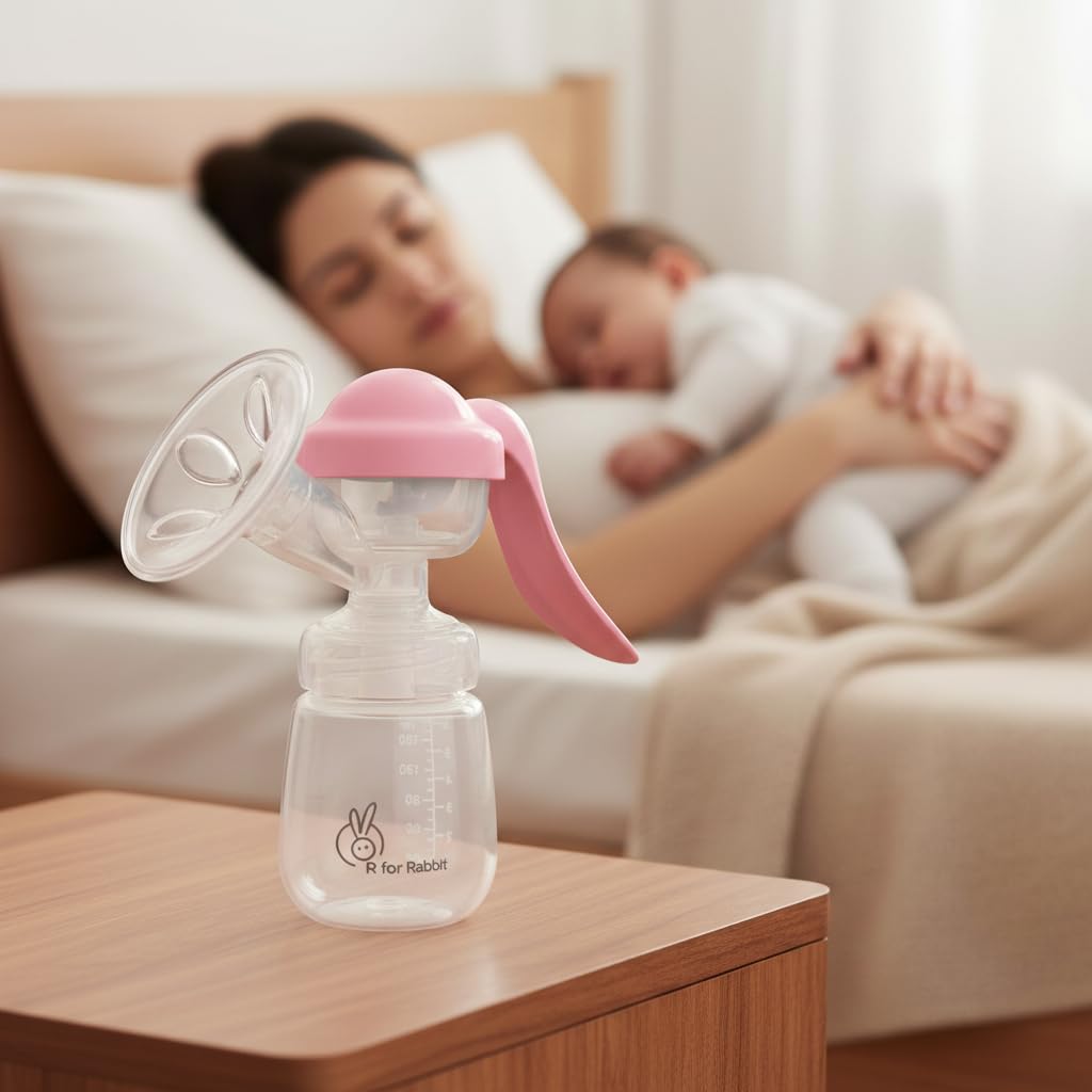 R for Rabbit First Feed Cozy Manual Breast Pump for Mothers with 2 Level Suction Adjustment, Soft and Gentle Silica Pad, Anti-Back Flow Compact Design, BPA Free (Blush Pink)