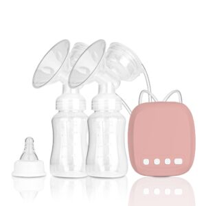 kidoo - Electric Breast Pump 【Double】+ 150ml Bottle, Silent Breast Pump, 9 Suction Levels, 2 Massage Modes, Anti-Reflux/BPA-Free, USB Port, Plug-In Works (Pink)