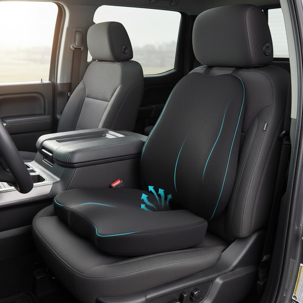 Seat Cushions for Office Chairs, Lumbar Support Pillow - Memory Foam with Non-Slip Base, Reduce Tailbone Pressure and Improve Comfort, Office Chair Cushion & Car Seat Pad with Adjustable Straps