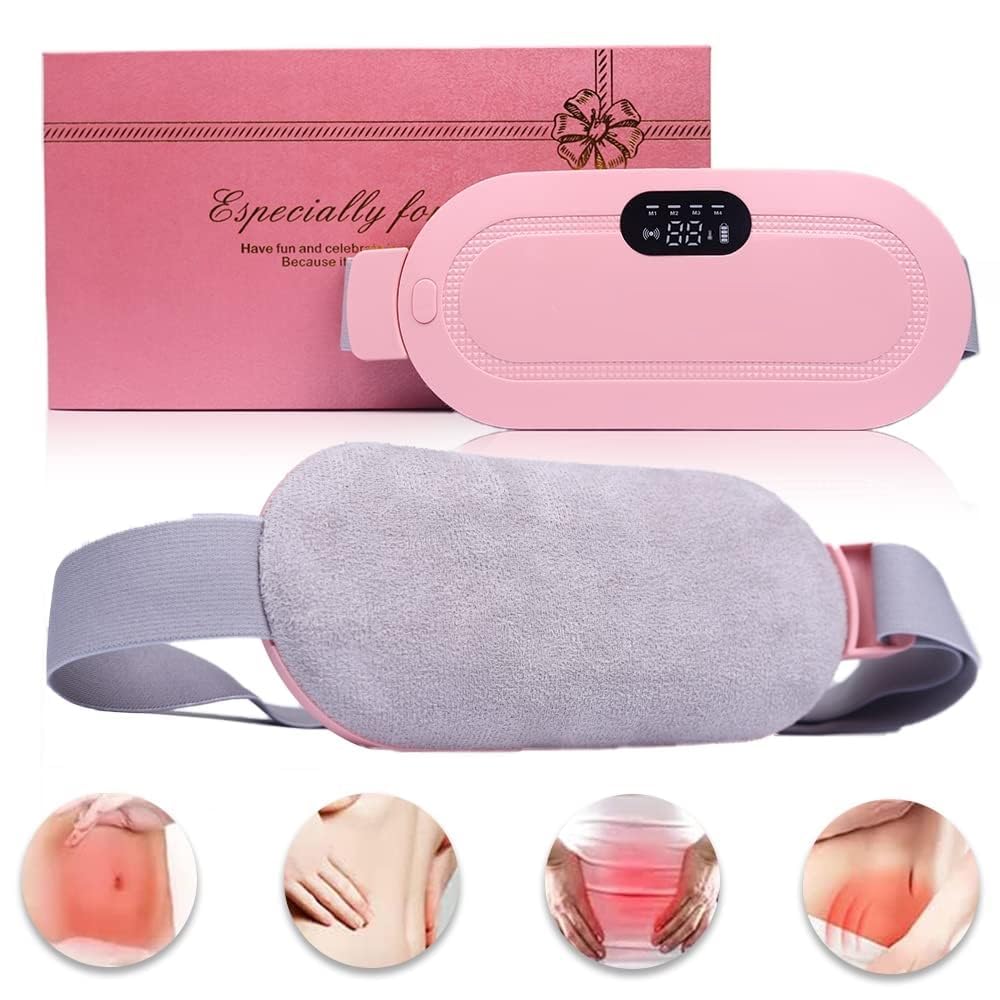 Period Cramp Relief Massager & Heating Pad for Menstrual Cramps, Portable, Pink, Fabric, 3-Temp. & 4-Massage Mode, Period Pain Relief Products