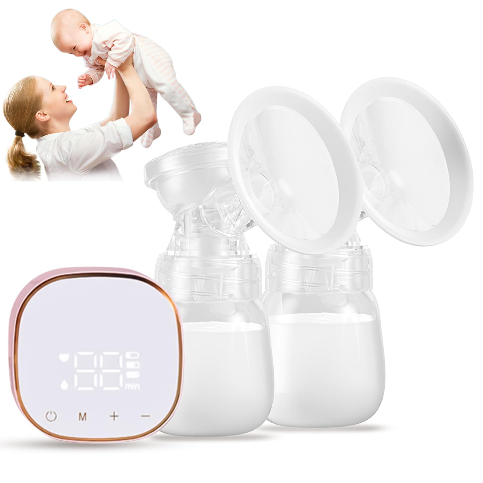 Electric Breast Pump, Dual Portable Rechargeable Breast Pump with 3 Modes and 9 Suction Levels, LED Display, BPA Free, Rechargeable Breast Pump for Travel and Home