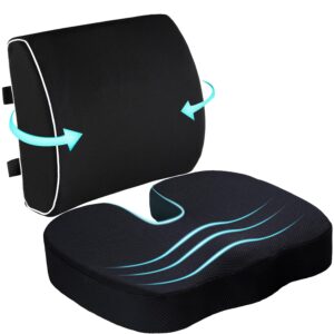 Seat Cushion and Lumbar Support Pillow for Office Chair-Gel Infused,Coccyx Orthopedic Car Seat Cushion Memory Foam Back Support Cushion for Lower Back,Tailbone & Sciatica（Black）