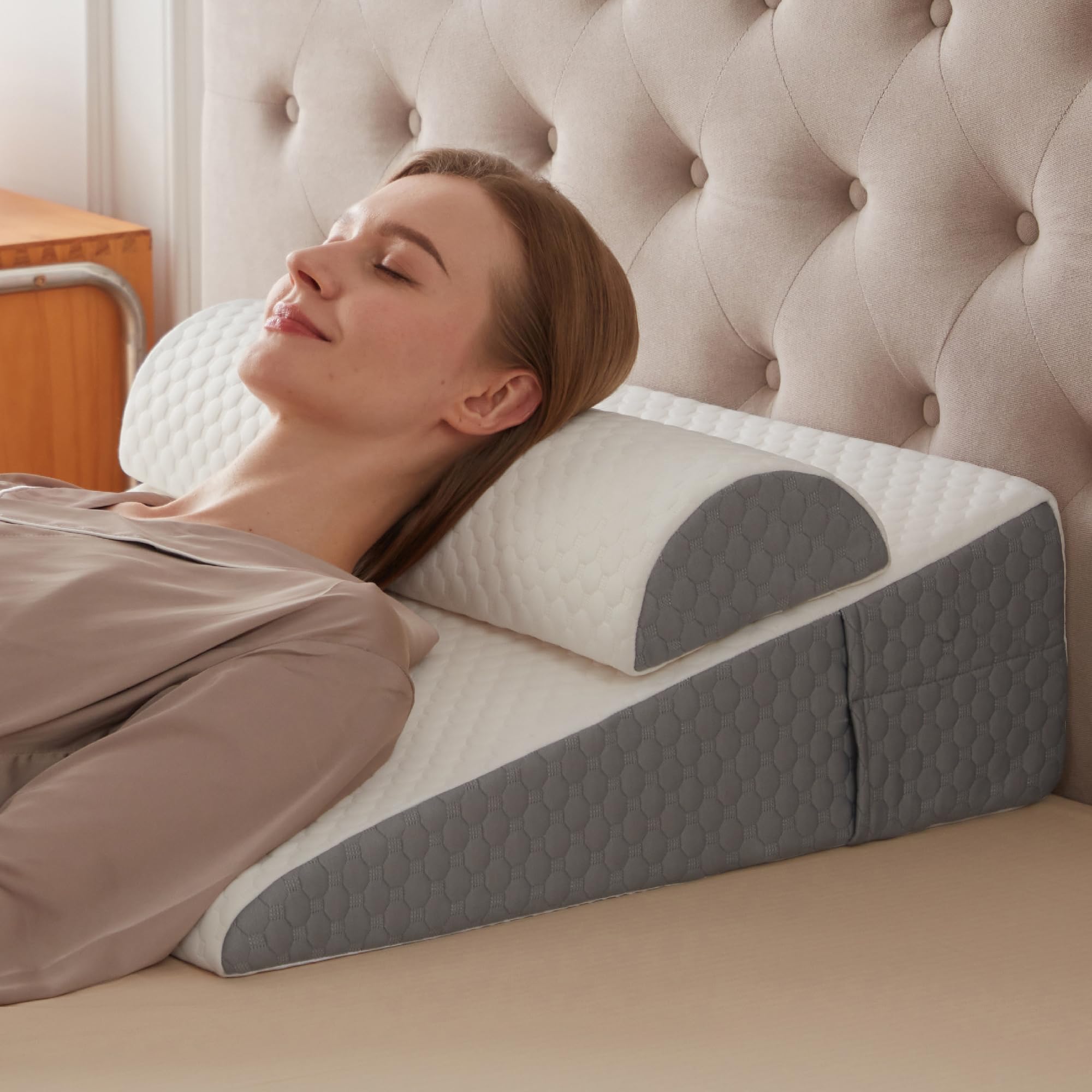 Simpledad 2PCS Wedge Pillow, 7.5" Wedge Pillow for Acid Reflux, Back Pain Relief, Cooling Memory Foam Top, Bed Wedge Pillows for Headboard, Sleeping, Snoring, Back Support, After Surgery.