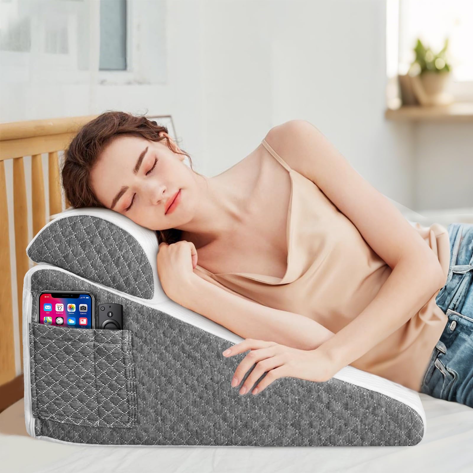 Bed Wedge Pillow with Memory Foam Top,Triangle Pillows for After Surgery,Acid Reflux, Reading in Bed, Back or Knee Support,Back Support Sitting Up Incline Cushion Machine Wash