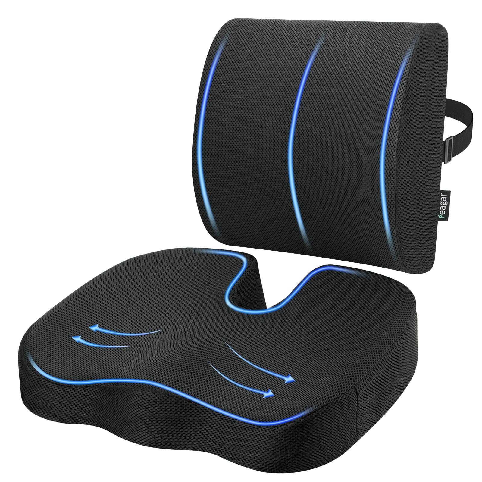 Feagar Orthopaedic Seat Cushion Set with Lumbar Cushion - Memory Foam Coccyx Cushion Relieves Pressure Sores Hips, Ideal for Office, Car, Wheelchair - Ergonomic Back Support Black