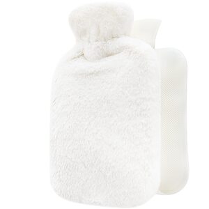 Qomfor Hot Water Bottle with Fluffy Cover - Soft Premium Faux Fur Cover - 1.8l Large Capacity - Hot Water Bag for Cosy Nights, Pain Relief, Back, Neck and Shoulders - Great Gift for Women (White)
