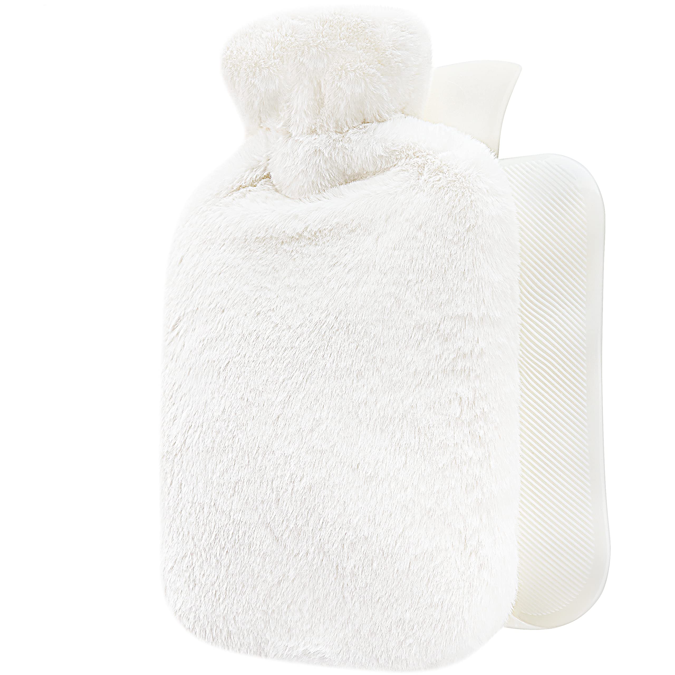 Qomfor Hot Water Bottle with Fluffy Cover - Soft Premium Faux Fur Cover - 1.8l Large Capacity - Hot Water Bag for Cosy Nights, Pain Relief, Back, Neck and Shoulders - Great Gift for Women (White)