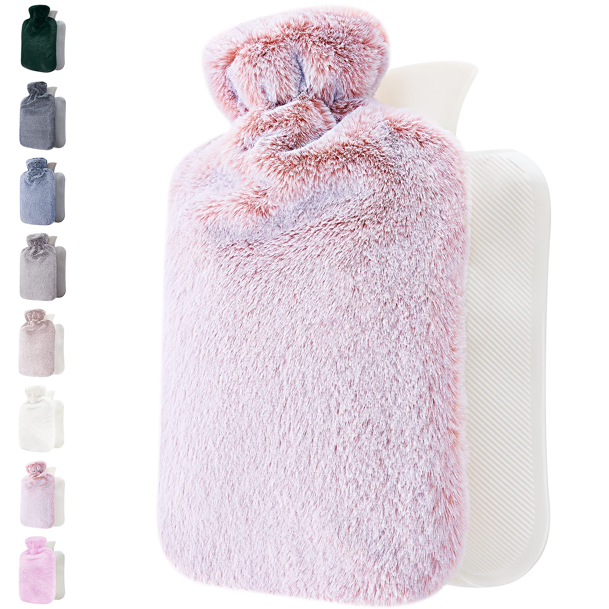 Qomfor Hot Water Bottle with Fluffy Cover - Soft Premium Faux Fur Cover - 1.8l Large Capacity - Hot Water Bag for Cosy Nights, Pain Relief, Back, Neck and Shoulders - Great Gift for Women (Pink)